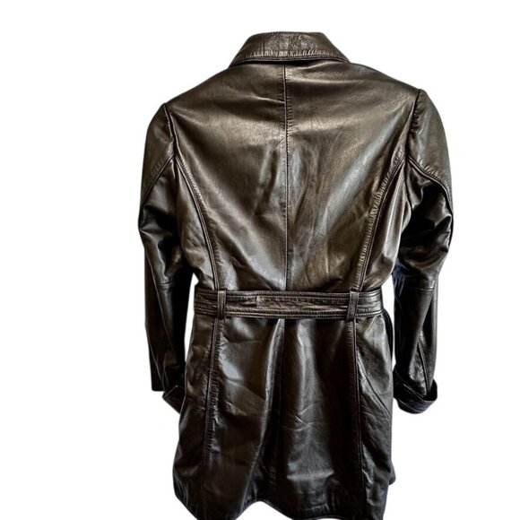 Bod & Christensen Brown Leather Jacket Trench Coat Asym Zip Belted Womens XL - Picture 3 of 16